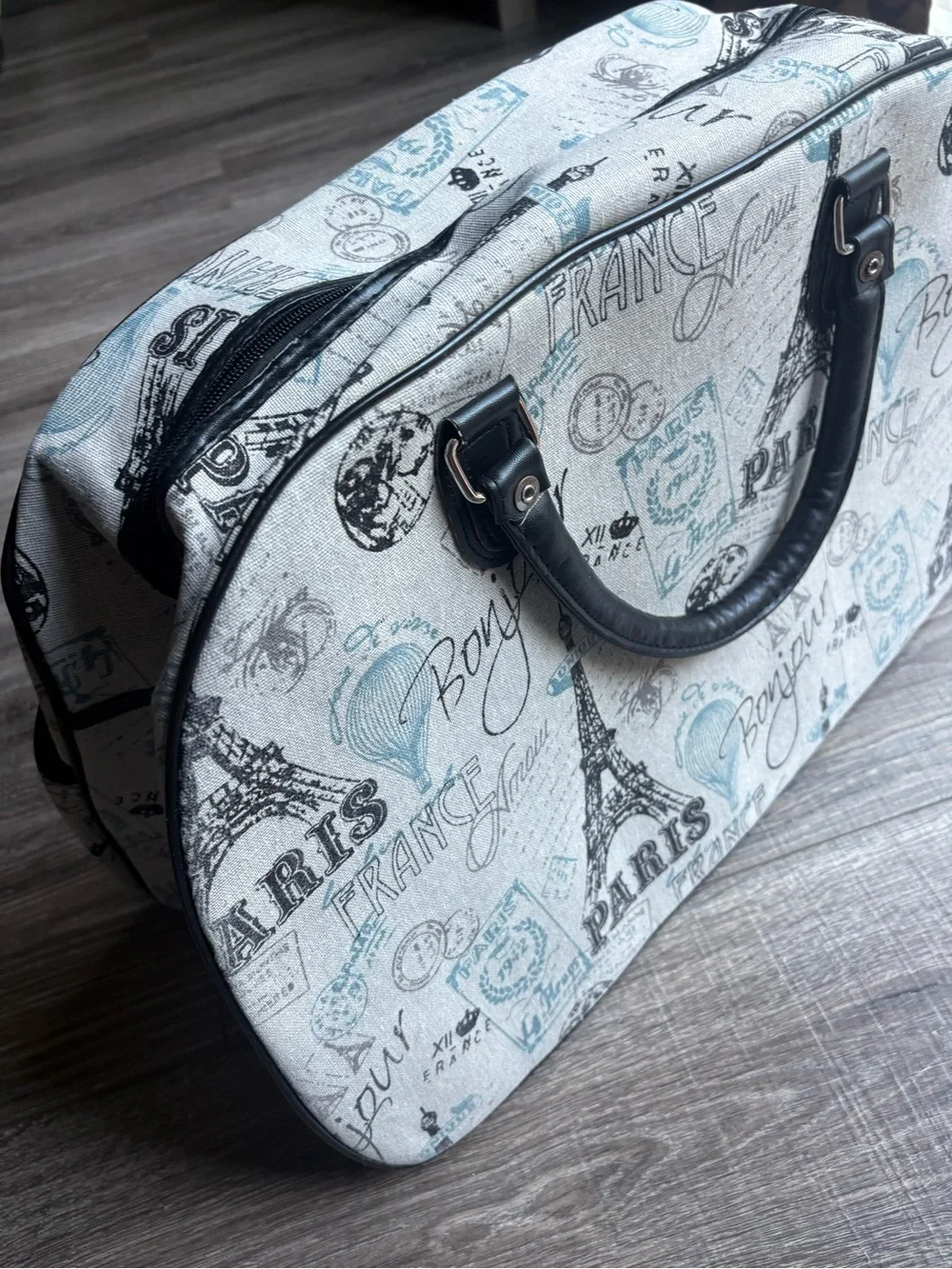 Paris Print Travel Weekender Bag in Light Gray and Black